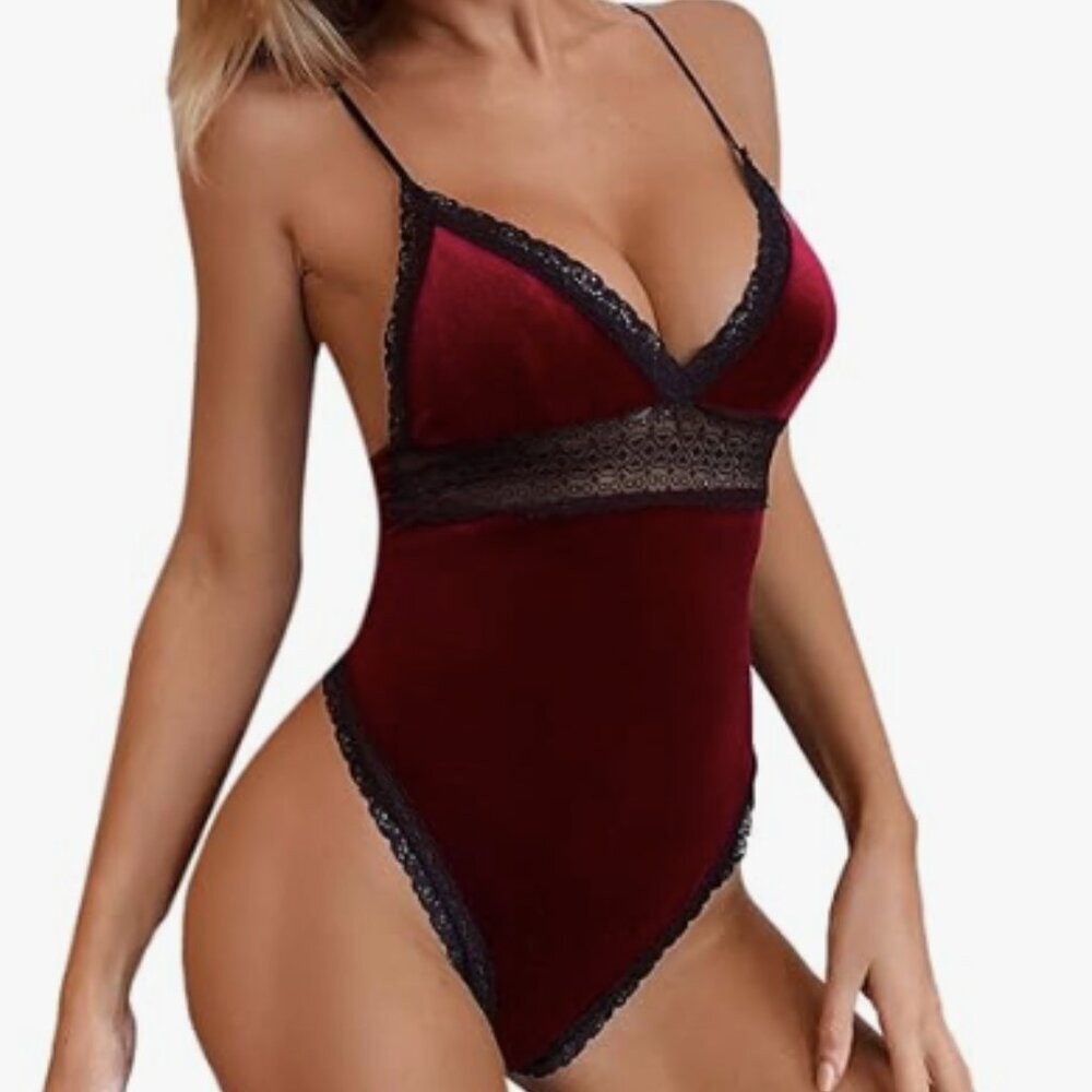 Burgundy Red Velvet Black Lace Trim Teddy One-Piece Bodysuit